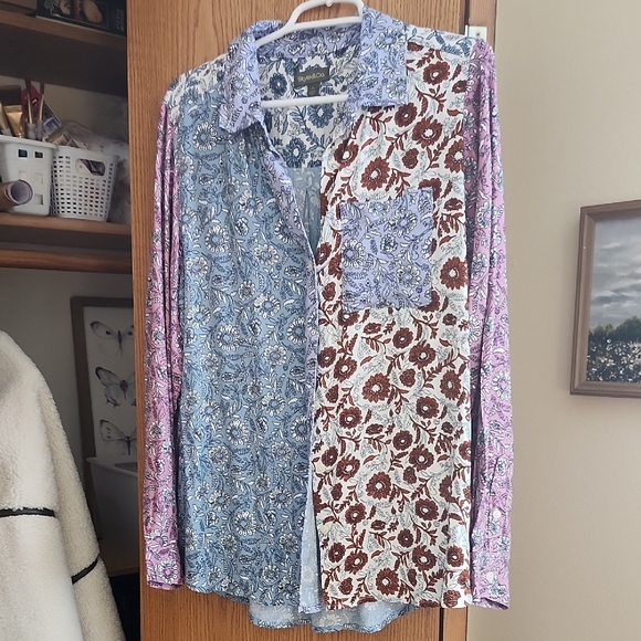 Style & Co. Blue and Brown Patchwork Blouse - Picture 1 of 4
